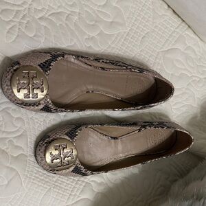 Tory Burch Snakeskin Flats with Gold Logo